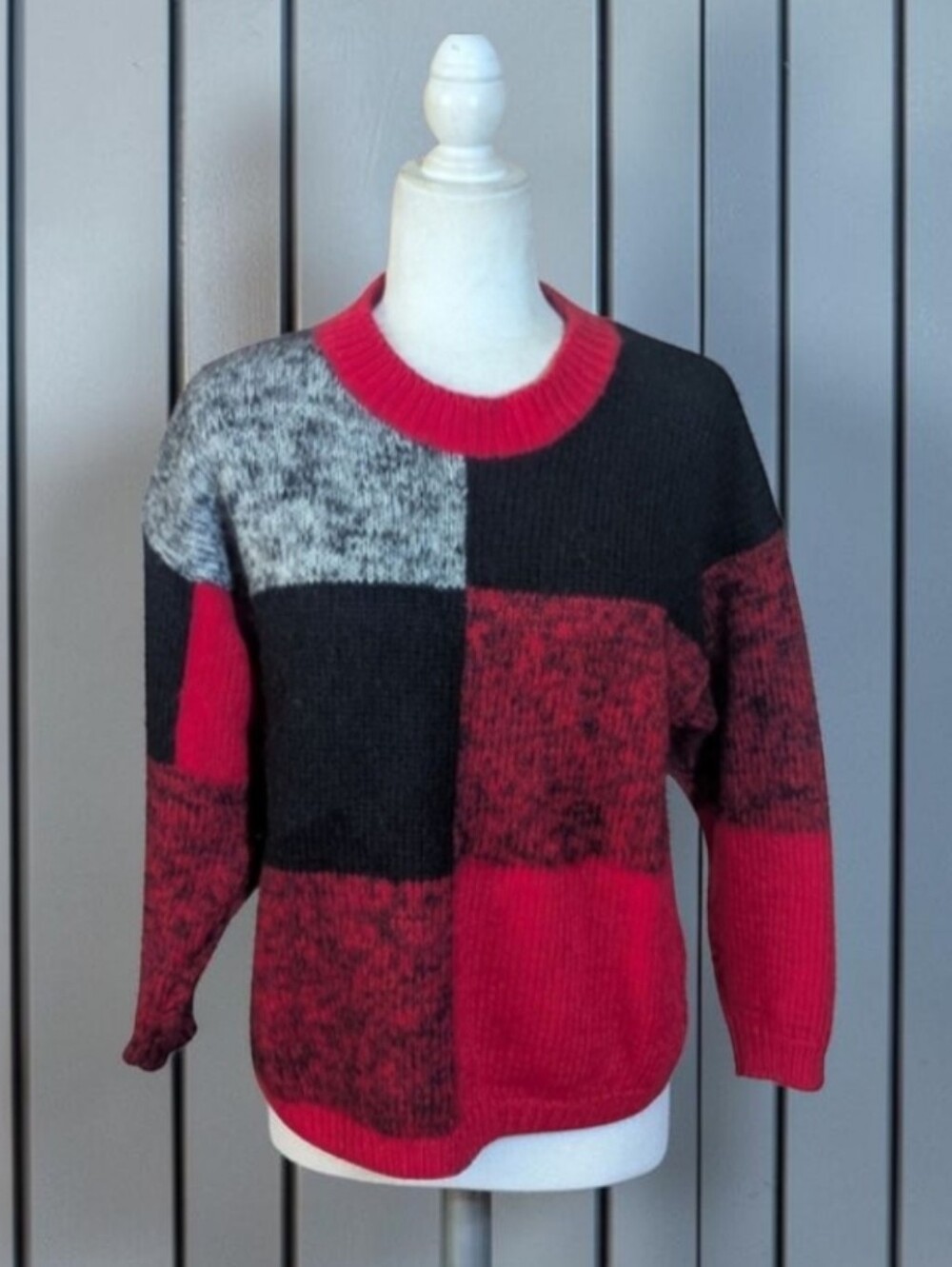 Vtg Red/Black Patchwork Plaid Warm Wool Blend Pullover Sweater Grunge Sz m